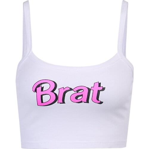 Women Sexy Chic Tops Brat Letter Printed Tank Tops Thin Spaghetti Straps Summer Camis Slim Female Holiday Camisole Crop Top