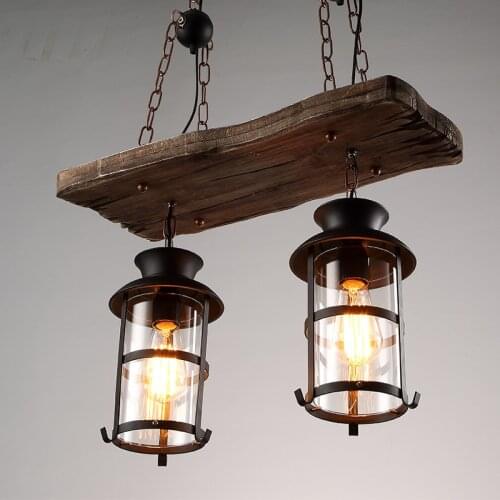 Vintage Retro Loft American Country Style Dual Heads Metal Droplight with Wood Panel Chain Pendant Light for Bar Cafe Inn