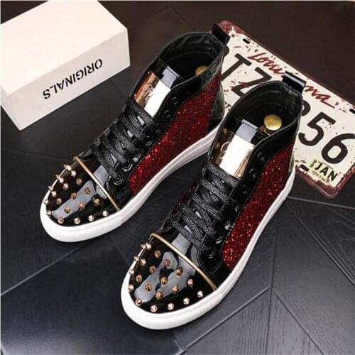 Top Quality Fashion Men High Top British Style Rrivet Shoes Men Causal Luxury Shoes Red Gold Black Bottom rubber Shoes for Male