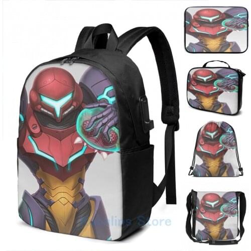 Funny Graphic print Samus Returns Gravity USB Charge Backpack men School bags Women bag Travel laptop bag