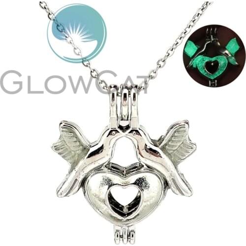 Green Luminous Love Bird Beads Cage Locket Pendant Perfume Diffuser Pearl Cage Glow in the Dark Necklace KK1008