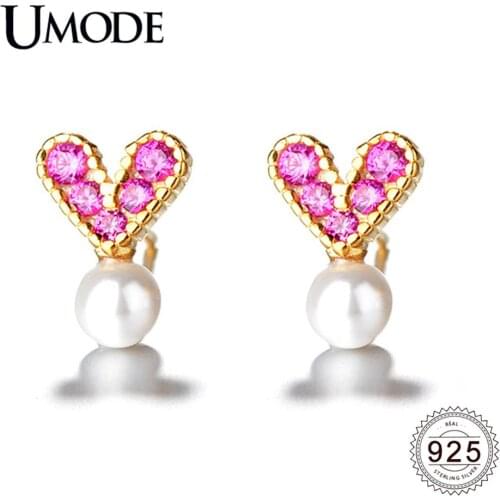 UMODE New 925 Sterling Silver CZ White Pearl Gold Heart Stud Earrings for Women Pink Zircon Silver Jewelry Brincos ALE0616