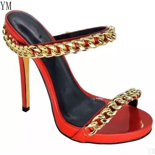 Black Red Heels Slippers Women High Heels Flip Flops Chain Slides Party Shoes New Summer Sandals Zapatillas De Mujer Womens 43