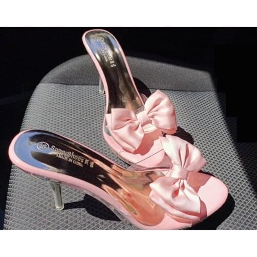 Summer Women Bow Slipper Sandals 2020 High Heels Indoor Outdoor Women Mules PVC Transparent Butterfly-knot Shoes Clear Slide