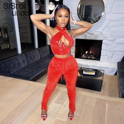 Sisterlinda Sexy Bright Women 2-Piece Suits Criss Cross Halter Camisole Tops+Skinny Split Pants Sportswear Female Night Clubwear