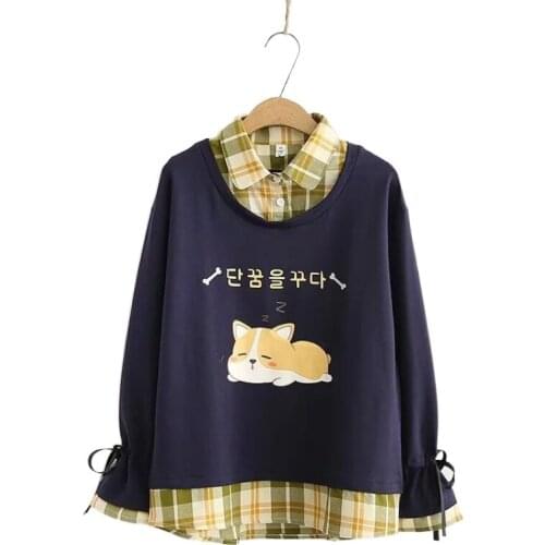 2021 Spring Sweet Fake Two Piece Sweatshirts Women Japan Style Turn-Down Collar Loose Girls Pullovers 2012544
