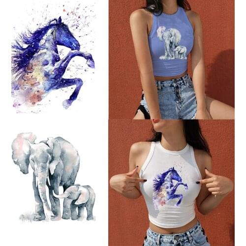 2pcs Horse Elephant Animal Iron on Heat Transfer Printing Patches Sticker Washable DIY Handmade Decoration Appliques for Clothes