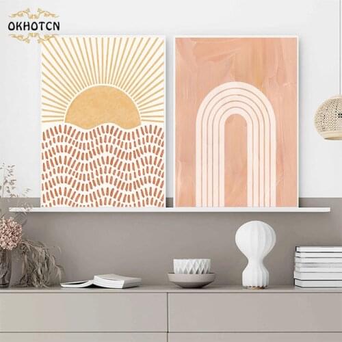 Abstract Sun Line Canvas Painting Boho Wall Art Poster Mid Century Print Minimalist Posters Picture for Modern Living Room Decor