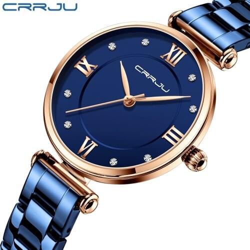 CRRJU New Women watches Fashion Blue Luxury Metal Bracelet Wristwatch Elegant Thin Quartz Simple Female Clock Relogios Feminino