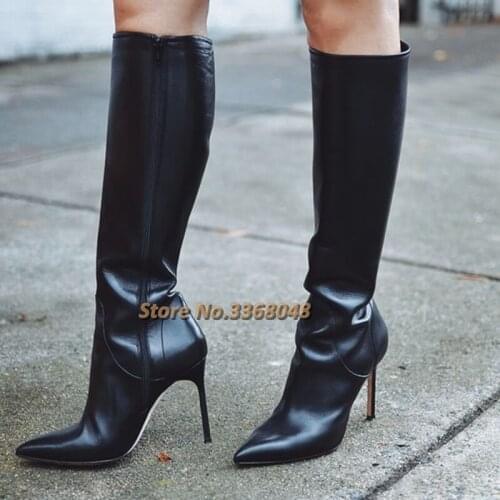 Black Matte Leather Zipper Women Boots Knee High Street Runway Dress Winter Boots Zipper Sexy Pointed Toe Stiletto High Heel