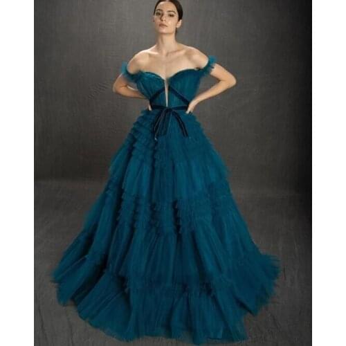 Teal Off Shoulder Prom Dresses Sleeveless Tiered Evening Dress Formal Party Ball Gowns vestido formatura
