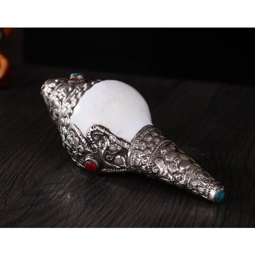 Decorative Handmade Nepal Tibetan Old silver A Tibet Buddhism silver Inlay gem Turquoise Shell Conch Horn Trumpet Statue