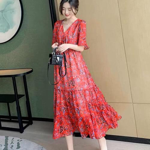 French Vintage Long Casual Women Dresses Chic Party Print Unif Dress Boho Flare Sleeve V-Neck Ankle-Length Summer Clothing