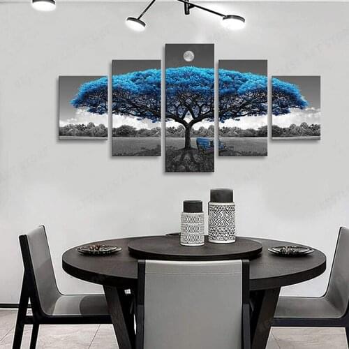 Blue Tree Canvas Print Picture Black and White Landscape Painting Modern Artwork Canvas Art for Living Room Bedroom Decor 5 Piec