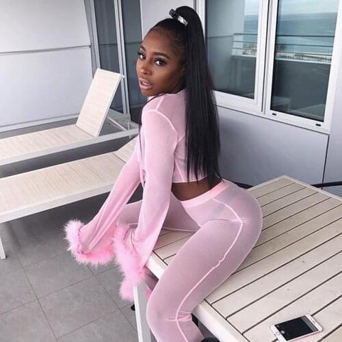 Sexy V Neck Mesh Tracksuit Two Piece Sets Women Crop Top and Pants Autumn Fluffy Costume Pink Hip Hop Sweat Suits See Through