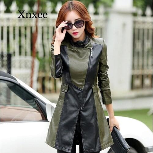 Army green Leather Coat Jacket Women Slim Patchwork Long Female Jacket High Quality PU Motorcycle Autumn Winter Outerwear