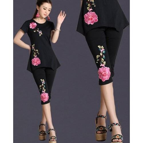 Chinese national style summer casual womens short sleeve embroidered T-shirt Capris embroidery