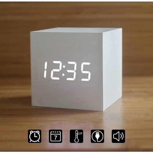 Mini Wood Sounds Control Clock New Modern Wood Digital LED Desk Alarm Clock Bedside Table Clock Calendar Table Decor