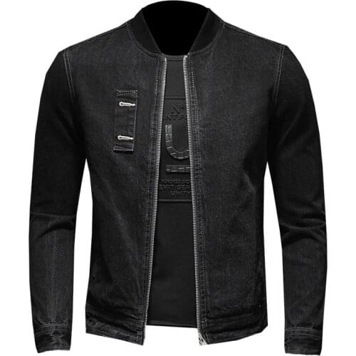 Mens Baseball Coat Jacket Business Casual Denim Jeans Jacket Spring Autumn Stand Collar Black Fashion Coat For Men S-3XL