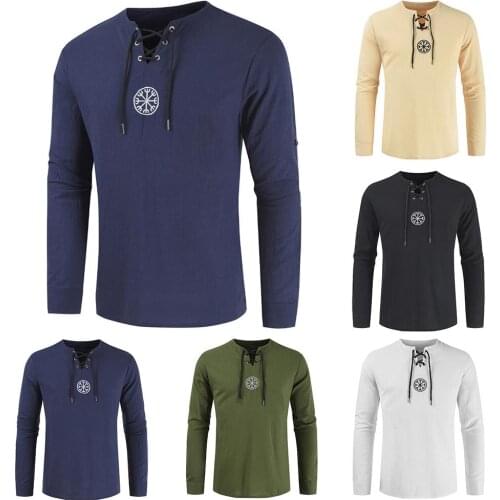 Men Plus Size Shirt Top Ancient Viking Embroidery Lace Up V Neck Long Sleeve Shirt Top For Mens Clothing shirt men