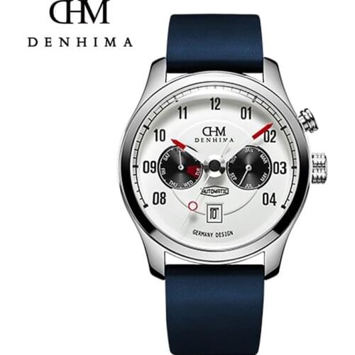 DENHIMA Locomotive series Mens Mechanical WristWatch 2 Dial Calendar Multifunction Military Automatic Watches Sport Colck