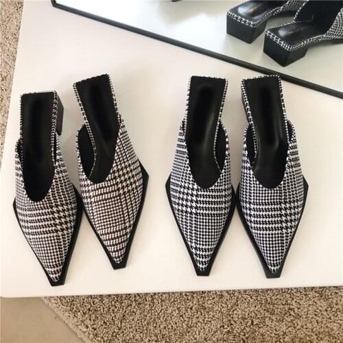 2021 New Women Mules Slippers Fashion Thick Low Heel Ladies Sandals Shoes Elegant Female Houndstooth Shallow Slip On Woman Shoes