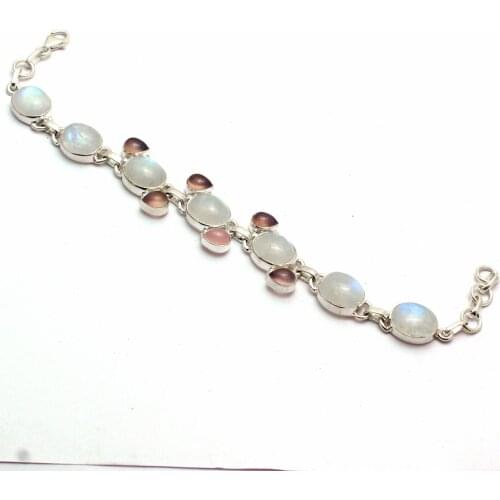 Genuine Rainbow Moonstone Amethyst Blue Topaz 100 % 925 Sterling Silver Bracelet 925 Sterling Silver GRP-B