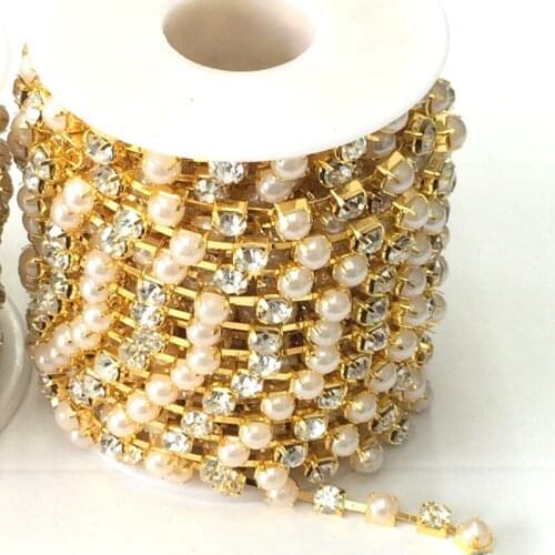 New style 4mm 5 yards Pearl Crystal Chain gold silver base rhinestone chain DIY Garment accessories