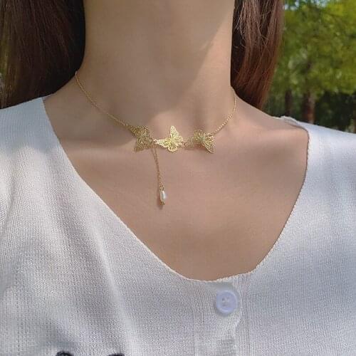 Titanium steel French hollow butterfly necklace female sen pearl tassel commuter temperament clavicle chain necklace jewelry