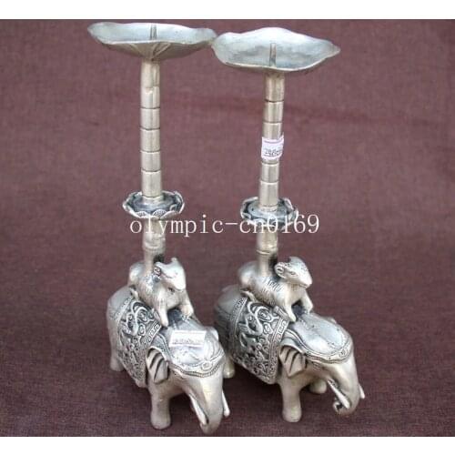 Pair 9'' bronze copper silver plating carvings sheep on Elephant candlestick