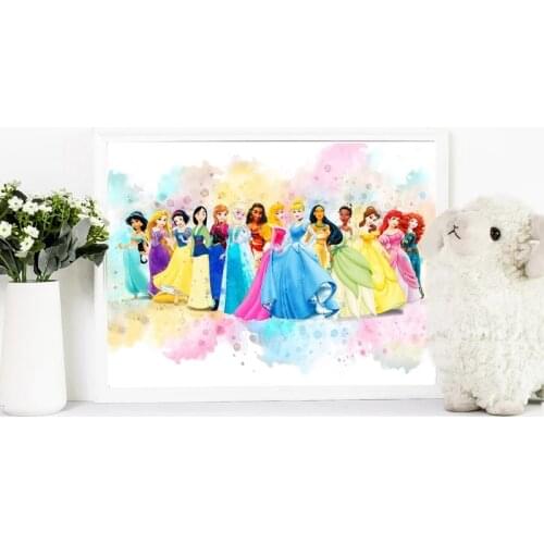 PRINCESSES Canvas Print Nursery Girls Birthday Gift Cartoon Poster Watercolor Princess Painting Baby Girl Room Wall Art Decor