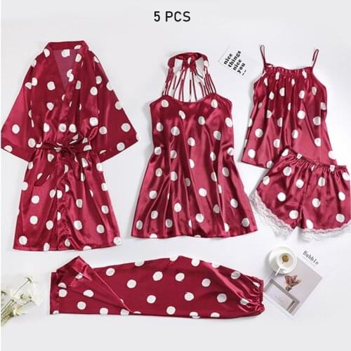 JULYS SONG 5 PCS Pajamas Set Women Sexy 2020 Spring Summer Sleepwear Polka Dot Nightwear Slings Shorts Nightgown Robe Pyjama