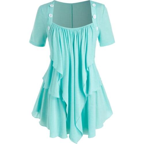 ROSEGAL Casual Summer Women Tops Plus Size 5xl Layered Draped Buttoned Round Hem Tunic Tee Short Sleeve Curved Solid T Shirts