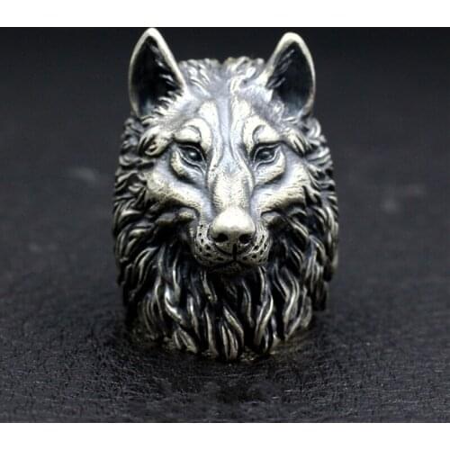 Wolf King 925 Sterling Silver color Ring Handmade Wolf Totem Toughhan Locomotive Punk Domineering Wolf Head Silver color Ring