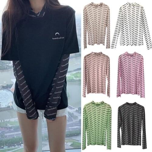 Thin 2021 Summer Womens Long Sleeve Tees Sunscreen Clothing Letter Print Elastics Gauze Transparent Korean Fashion Tops Women