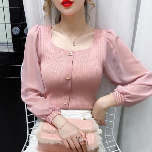 Square Collar Puff Sleeve Design Sense Niche Top 2021 New Korean Style Womens Clothing Slim Fit Versatile Slimming Long Sleeves
