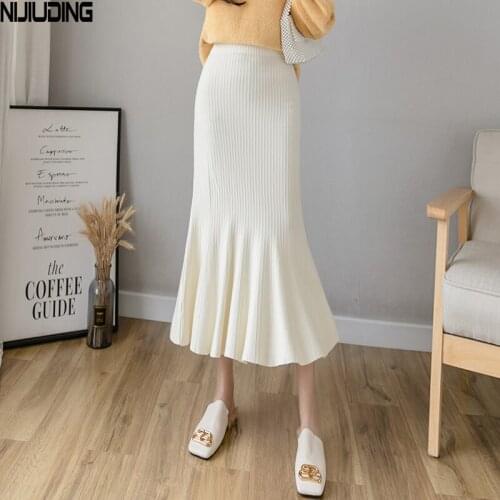 NIJIUIDNG 2020 Autumn New Elastic High Waist Slim Knitting Skirts Women Vintage Viscose Solid Reffles Mermaid A-Line Skirt Lady