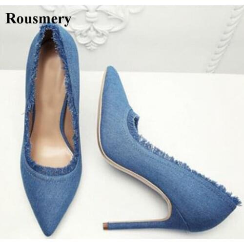 New Design Women Fashion Pointed Toe Slip-on Denim Pumps Super High Fringes 12cm High Heel Jean Pumps Formal Dress High Heels
