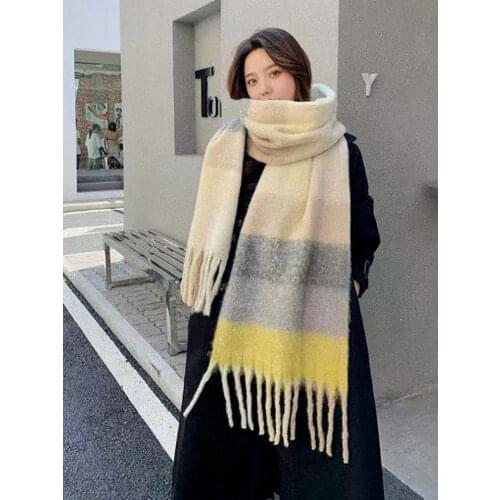 Women Plaid Knitted Wool Long Scarf Scarves Lady Winter Thicken Warm Pashmina Shawls Wraps Female Bandana Tassel