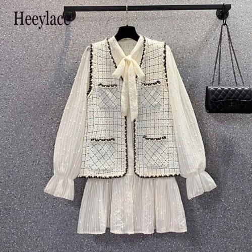 Plus Size Autumn 2 Piece Set Women O-Neck Sleeveless Temperament Tweed Vest Jacket + Bow Collar Single-breasted Loose Dress Suit