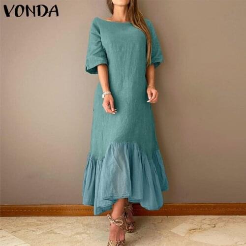 Women Summer Dress 2021 VONDA Vintage Short Sleeve Patchwork Party Long Maxi Dress Holiday Sundress Casual Vestidos Robe Femme