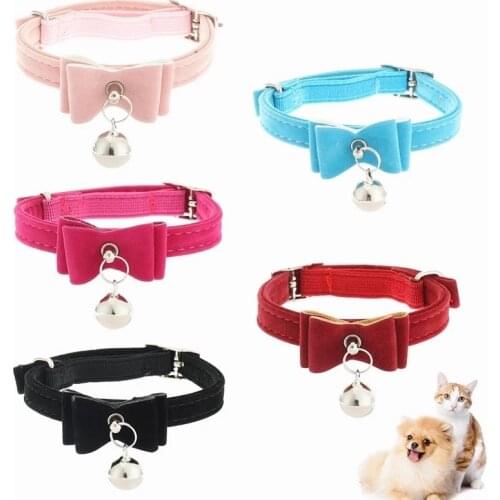 Velvet Cat Collar Solid Color Dog Kittten Collar Elastic Bowknot With Bell Adjustable Cats Bow Tie Pets Accessories