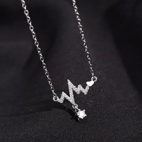 Shiny Zircon Heartbeat Electrocardiogram Necklace For Women Fashion Valentines Day Gift 925 Silver Necklace Girl Jewelry KOFSAC