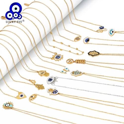 Lucky Eye Fatima Hand Heart Butterfly Evil Eye Pendant Necklace Titanium steel Gold Silver Color Chain Necklace for Women BE04