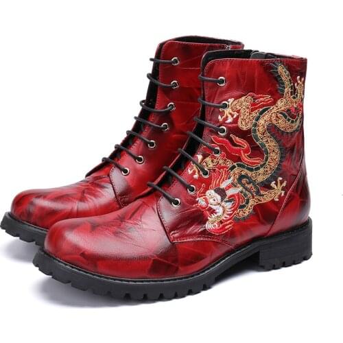 Christia Bella Embroidery Men Shoes Genuine Leather Socks Boots New Fashion Simplicity Round Toe Boots Large Size Lace up Boots