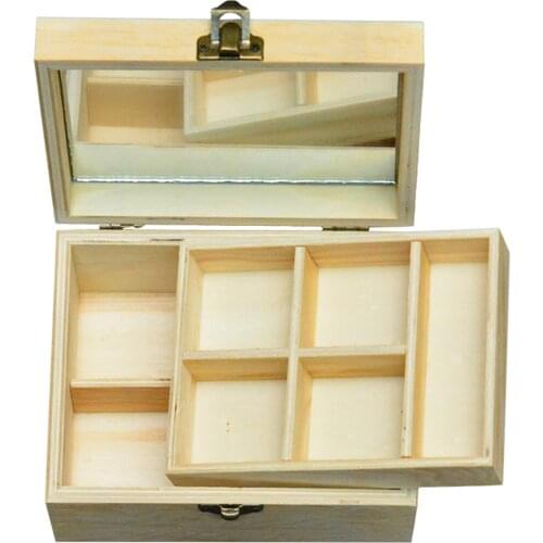 Natural Plain Wood Box Wooden Jewelry Decoupage Storage Box with Mirror Tray