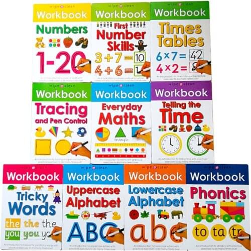 Children Reusable Wipe-Clean Book with Pen/Kids Phonics English Book Maths Alphabet Practise for Preschool 21*27cm