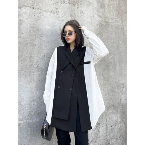 European New Spring Design Sense Niche Retro Temperament White Packwork Black Irregular Shirts Women Fashion Streetwear 2021