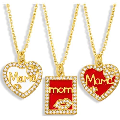FLOLA CZ Gold Plated Heart MaMa Necklace Women Rhinestone Square Mom Pendant Necklace Wholesale Jewelry Mothers Day Gift nkev15