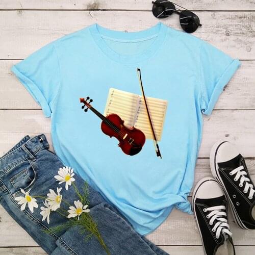 Violin Tshirt Women Summer Vogue Print Lady Casual T-Shirt Tops Streetwear Short Sleeve O-Neck Tees Tshirt TX9017